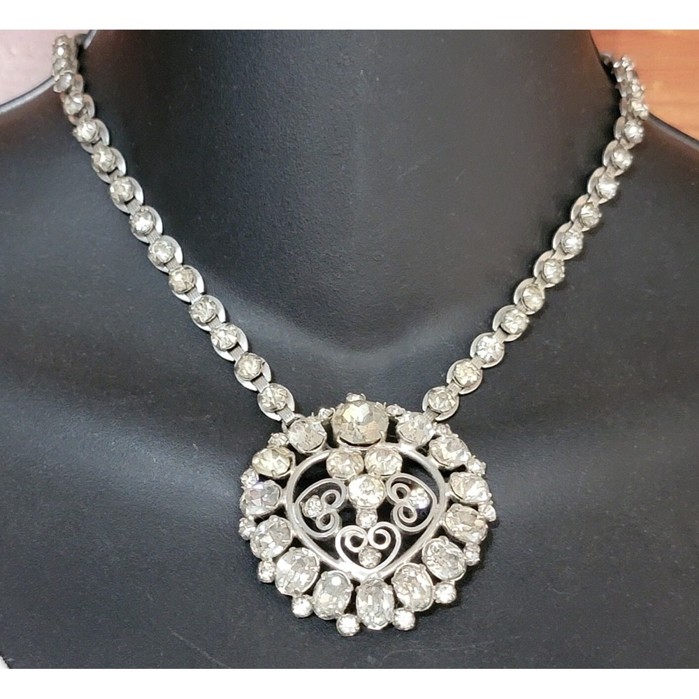 Vintage Clear Rhinestone Pendant Necklace, Mid-century Unusual Choker Necklace